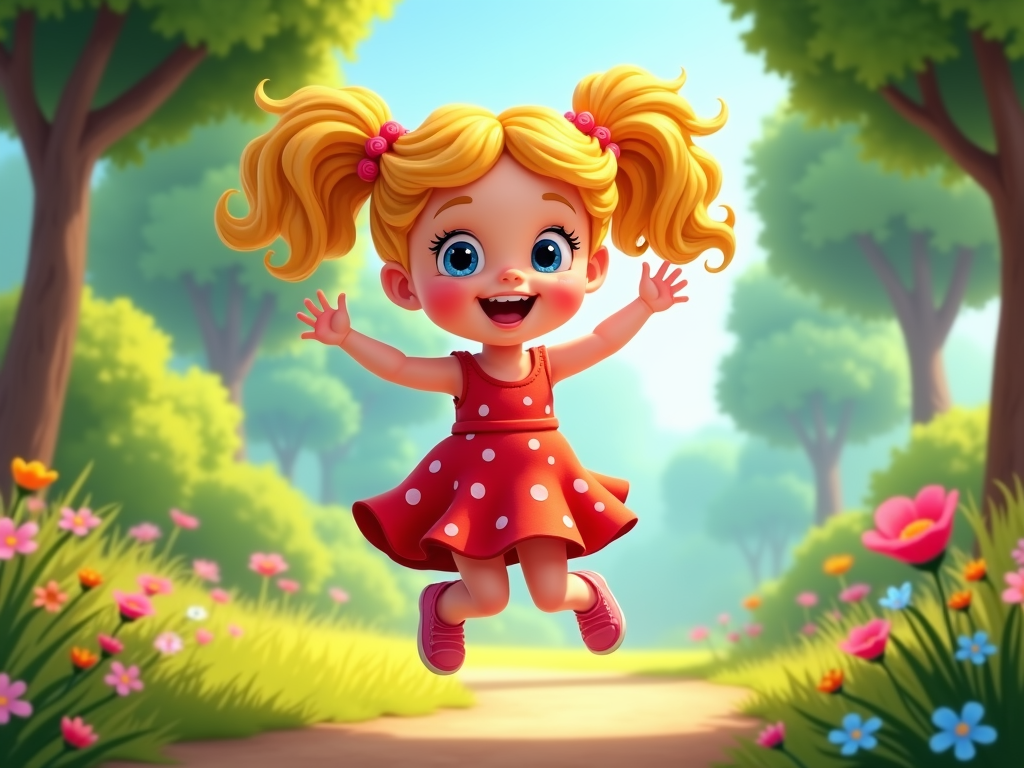  a young girl with blonde hair and blue eyes, wearing a red dress with white polka dots and pink shoes. She is jumping in the air with her arms stretched out wide and a big smile on her face. The background is a beautiful garden with colorful flowers and trees. The sky is blue and the overall mood of the image is cheerful and playful.