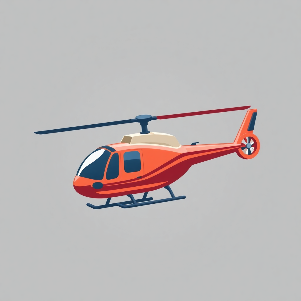 The image is an illustration of a red helicopter in flight. The helicopter is in the center of the image, with its body facing towards the left side of the frame. It has a pointed nose and two propellers on either side. The body of the helicopter is a bright orange color, with a white stripe running along the side. It appears to be in mid-flight, as if it is about to land or take off. The background is a light grey color, making the helicopter stand out.