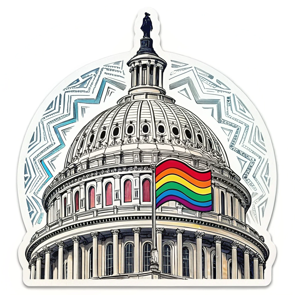 Sub-Design Idea 2: A stylized depiction of the U.S. Capitol Dome, where the architectural patterns subtly incorporate the chevron design and colors of the Progress Pride flag.