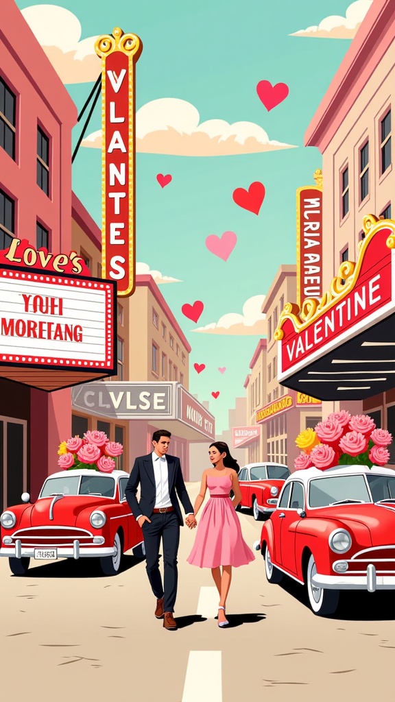 A retro-style Valentine's Day cityscape with vintage cars adorned with flowers and hearts, and classic movie theater marquees displaying romantic films.