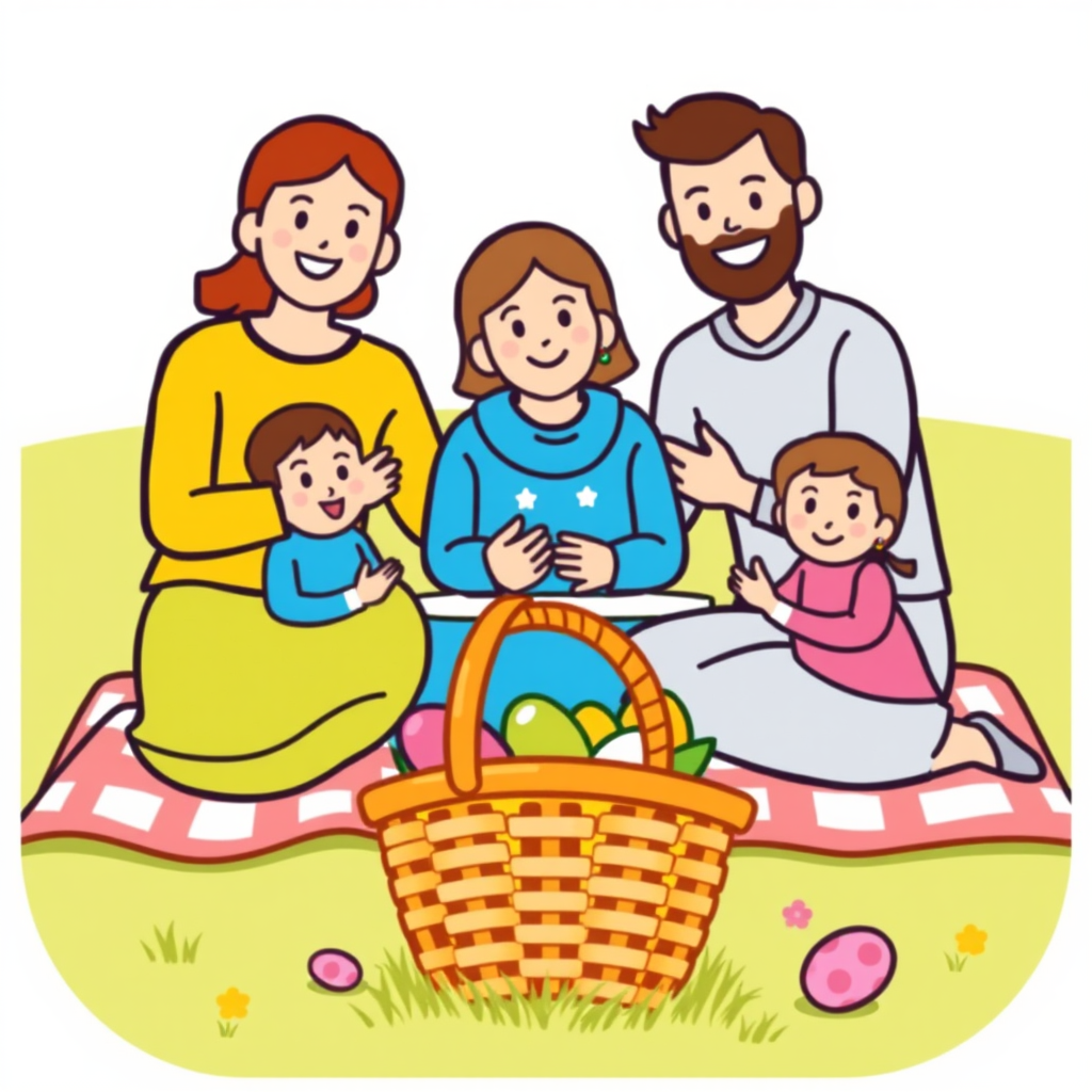 A simple graphic of a family or group of friends having a picnic, with an Easter basket visible in the foreground.