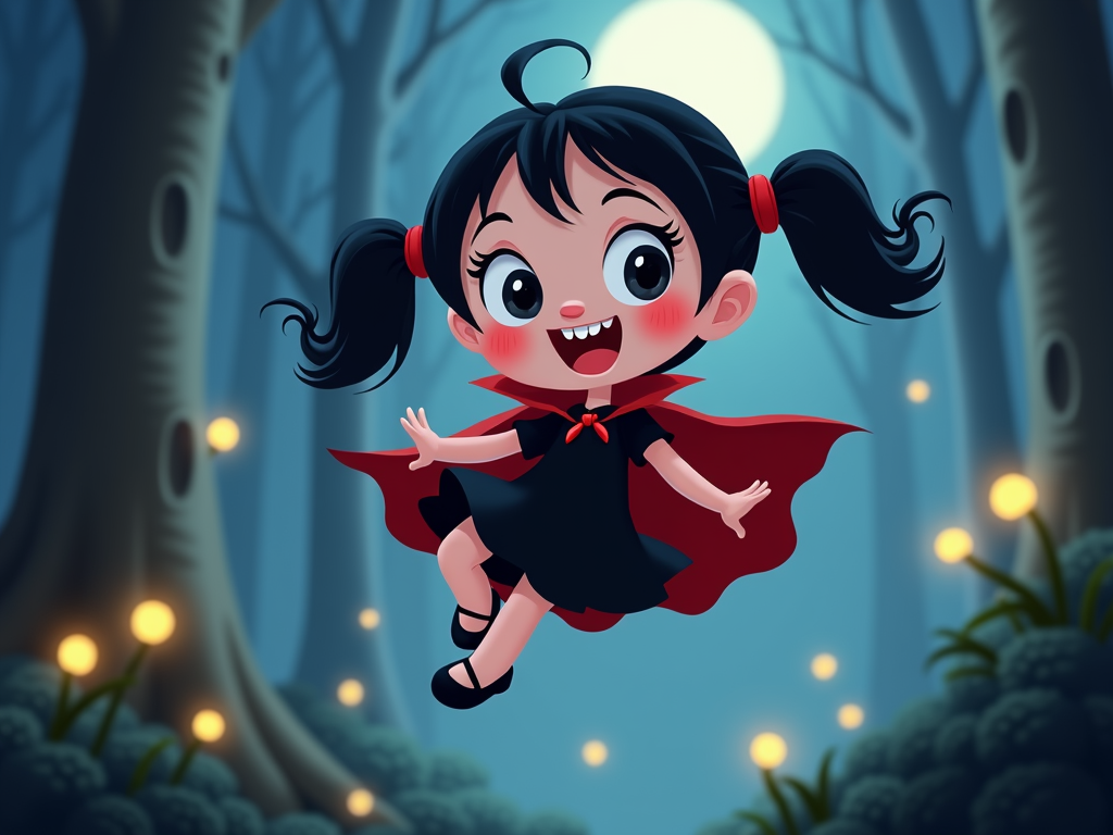 The image is a cartoon illustration of a little girl dressed up as a vampire. She is wearing a black dress with a red cape and has two black hair tied up in two pigtails. She has a big smile on her face and is flying through the air with her arms outstretched. The background is a dark forest with tall trees and a full moon in the sky. The ground is covered in green plants and there are small yellow lights scattered around. The overall mood of the image is cheerful and spooky.