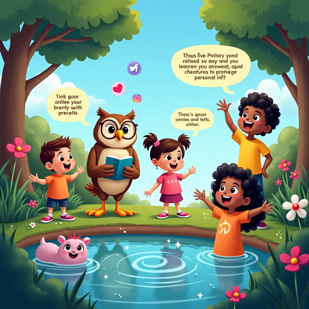 Kid Navigators & Wise Owl Guide: Diverse kid characters, guided by a tech-savvy owl, explore whimsical digital worlds representing social media. Each episode tackles a restriction or citizenship rule, like protecting personal info in the 'Privacy Pond' or kindness in the 'Friendship Forest'.