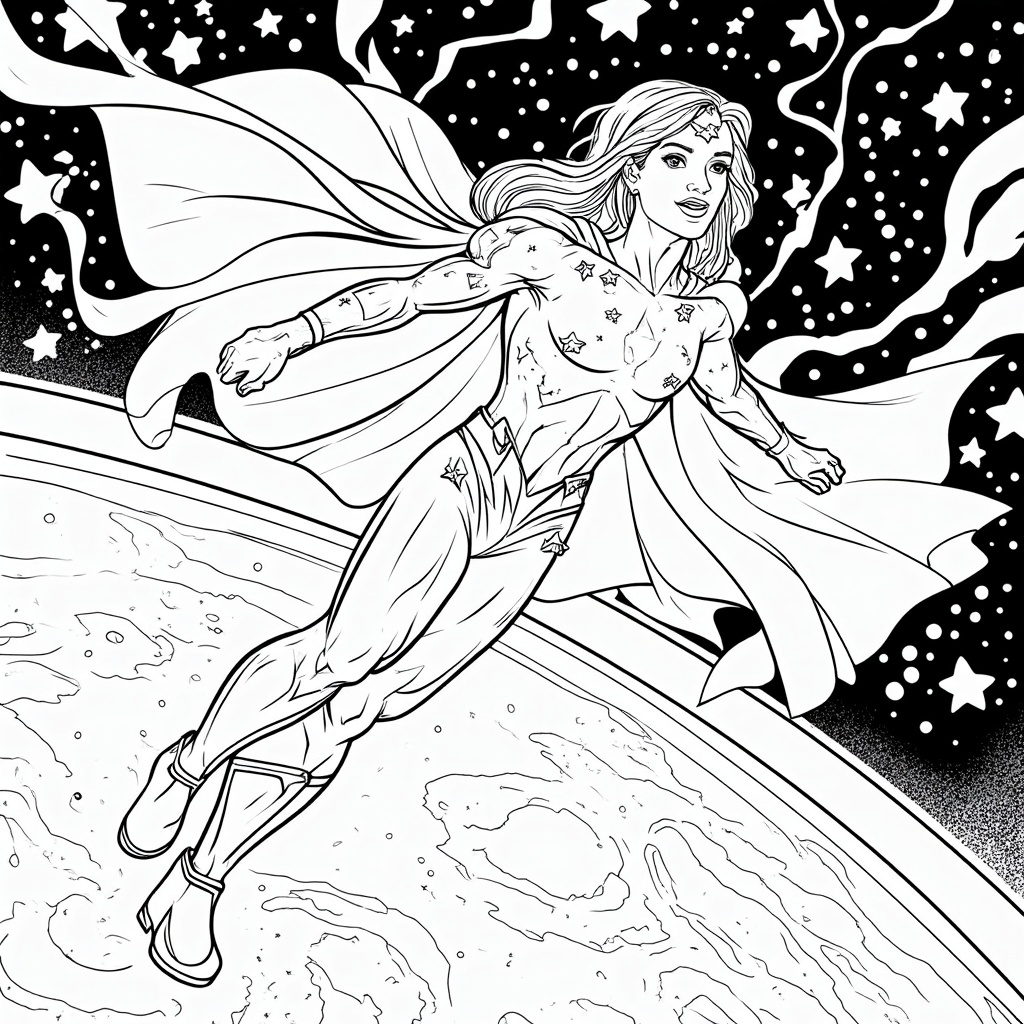 A superhero with a flowing cape, leaving a trail of stars and cosmic energy as they fly through space above the Earth.