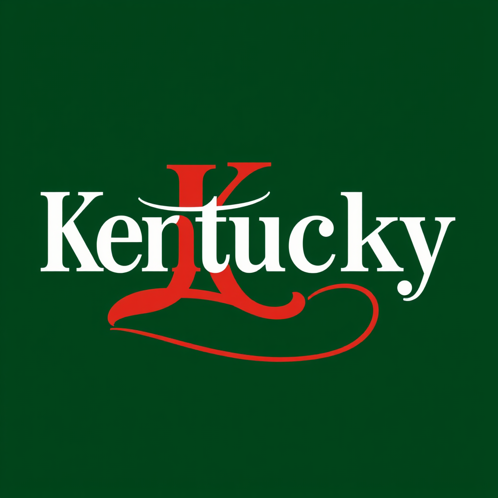 Sub-design Idea 3: Dynamic Typography with Equestrian Element. The words 'Kentucky Derby' or initials 'KD' crafted with custom lettering where part of a letter uniquely flows into a subtle equestrian element like a horse's mane, a jockey's silk pattern, or a part of a bridle. Emphasis on movement and grace.