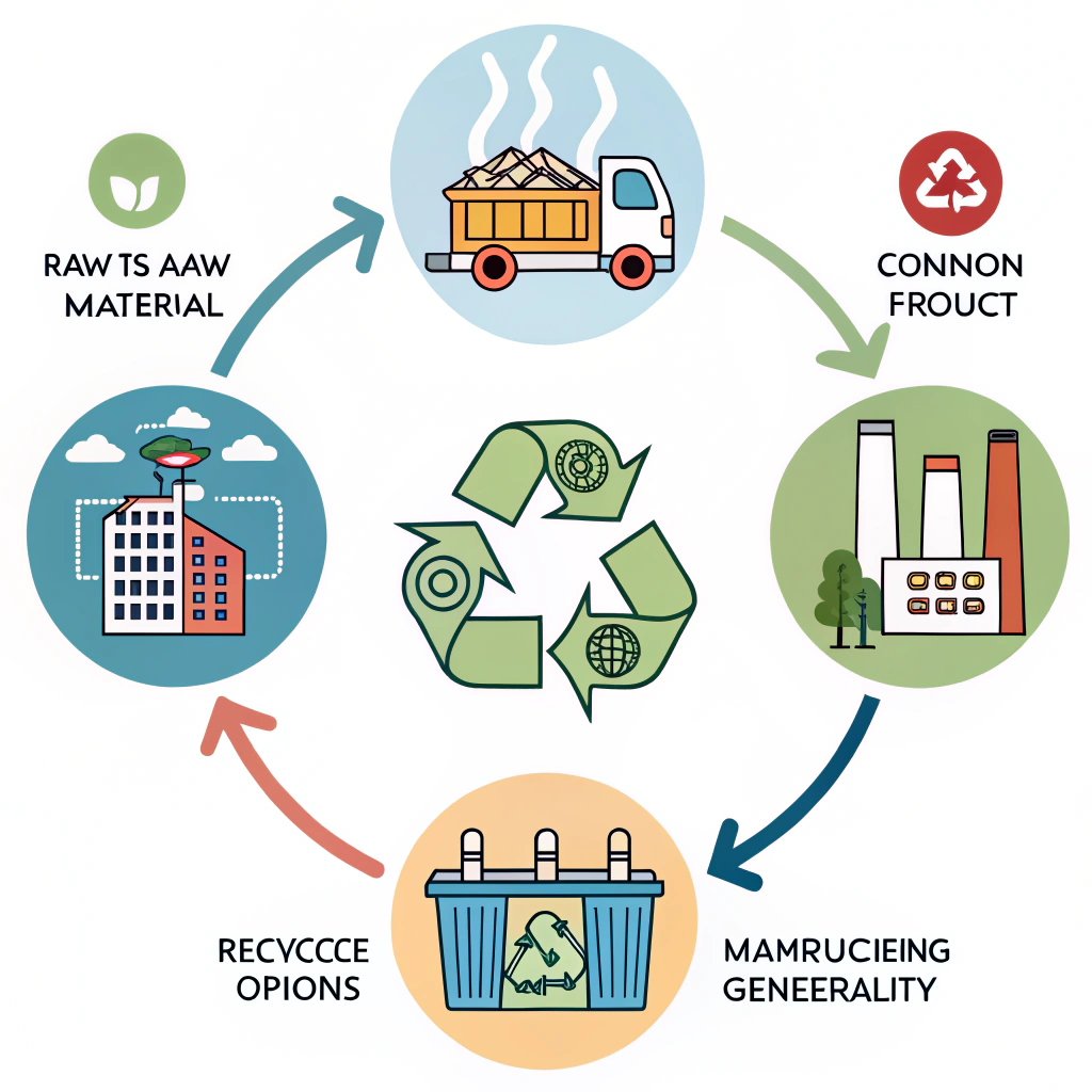 A repeating pattern visually depicting the lifecycle of a common product (e.g., from raw material extraction, anufacturing, use, to dispoal/recycling options), highlighting resource consumption, waste generation, and opportunities for circularity.