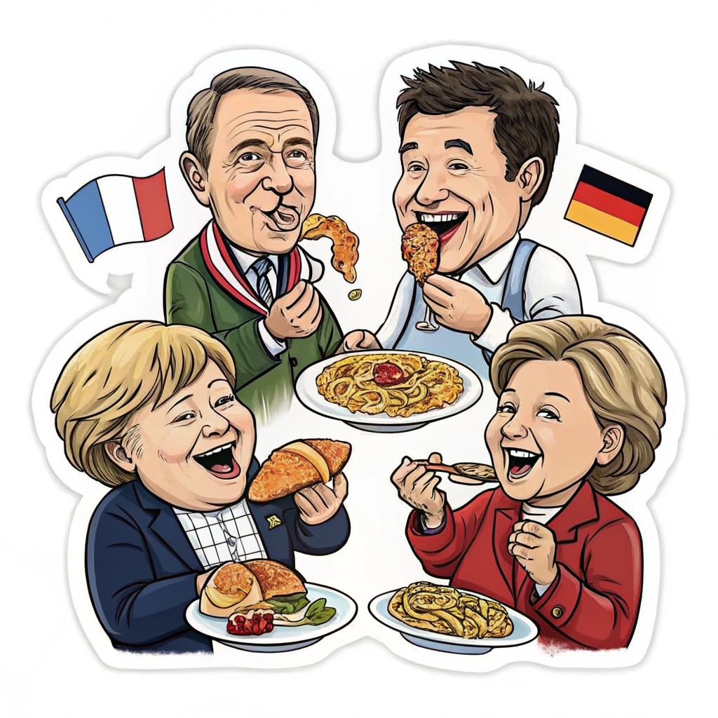 A humorous sticker showing various European leaders (caricatures) enjoying different national dishes.