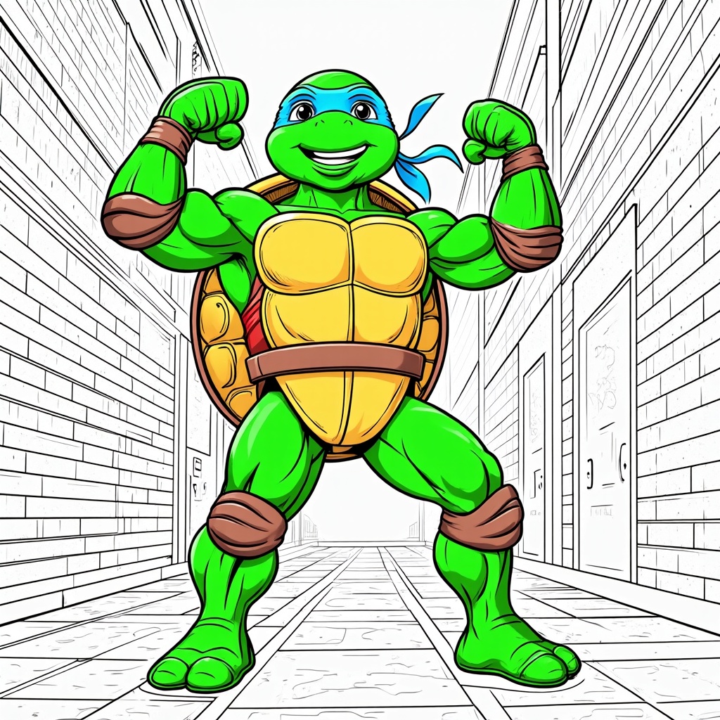 The image shows a teenage mutant ninja turtle standing in a hallway, with walls on either side and a floor at the bottom. The turtle is wearing a red bandana and has a determined expression on its face, as if it is ready to take on any challenge.