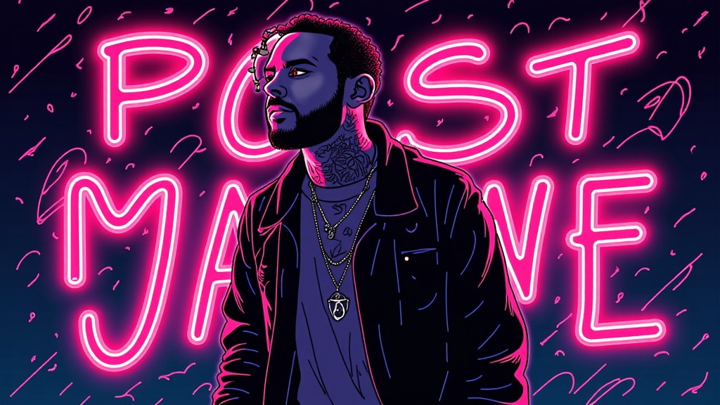 Tattooed Silhouette & Neon Dreams: A dark poster featuring Post Malone's iconic silhouette, perhaps with his recognizable face tattoos subtly highlighted, against a backdrop of vibrant neon lights that outline his form or create abstract patterns and lettering related to the concert.
