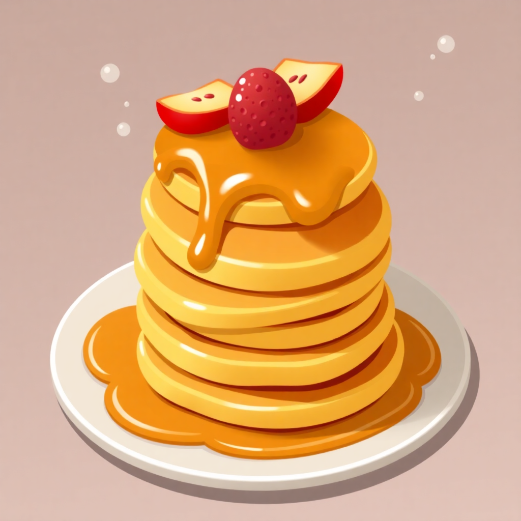 The image is a digital illustration of a stack of pancakes on a white plate. The pancakes are golden brown and appear to be freshly made. On top of the stack, there is a drizzle of maple syrup and a small strawberry on top. The syrup is dripping down the sides of the pancakes. The plate is white and the background is a light pink color. There are small bubbles around the plate, giving the impression that the pancakes are floating in the air.