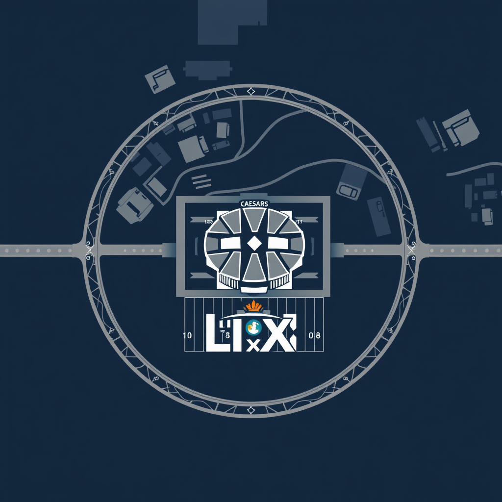 Crescent City Goal Lines: A stylized aerial view of the crescent shape of the Mississippi River around New Orleans, with the Caesars Superdome as a focal point. The 'LIX' is designed to mimic wrought ironwork. Football field lines are subtly integrated into the city grid or river path. Color palette includes deep river blues, muted city tones, with a bright accent for the Superdome.