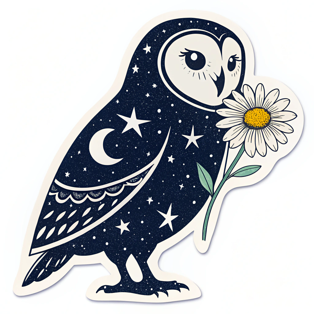 Simple icon design: a minimalist owl silhouette filled with a star pattern or a single bright star, with a daisy subtly integrated into its wing or eye, suitable for a small, bold sticker.