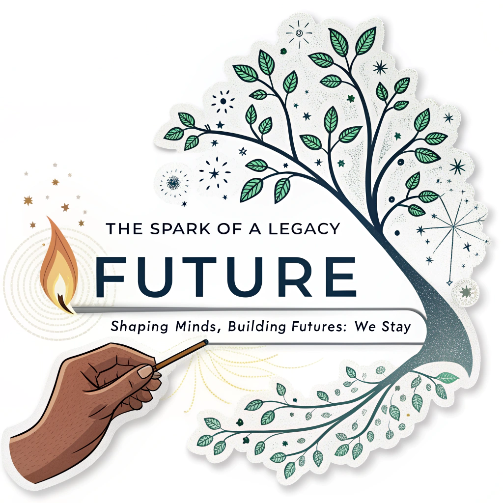 Sticker Design Idea 5: 'The Spark of a Legacy' - A hand holding a lit match or creating a spark that transforms into a growing plant or a constellation forming the words 'Future'. The tagline 'Shaping Minds, Building Futures: We Stay' frames this transformative imagery.