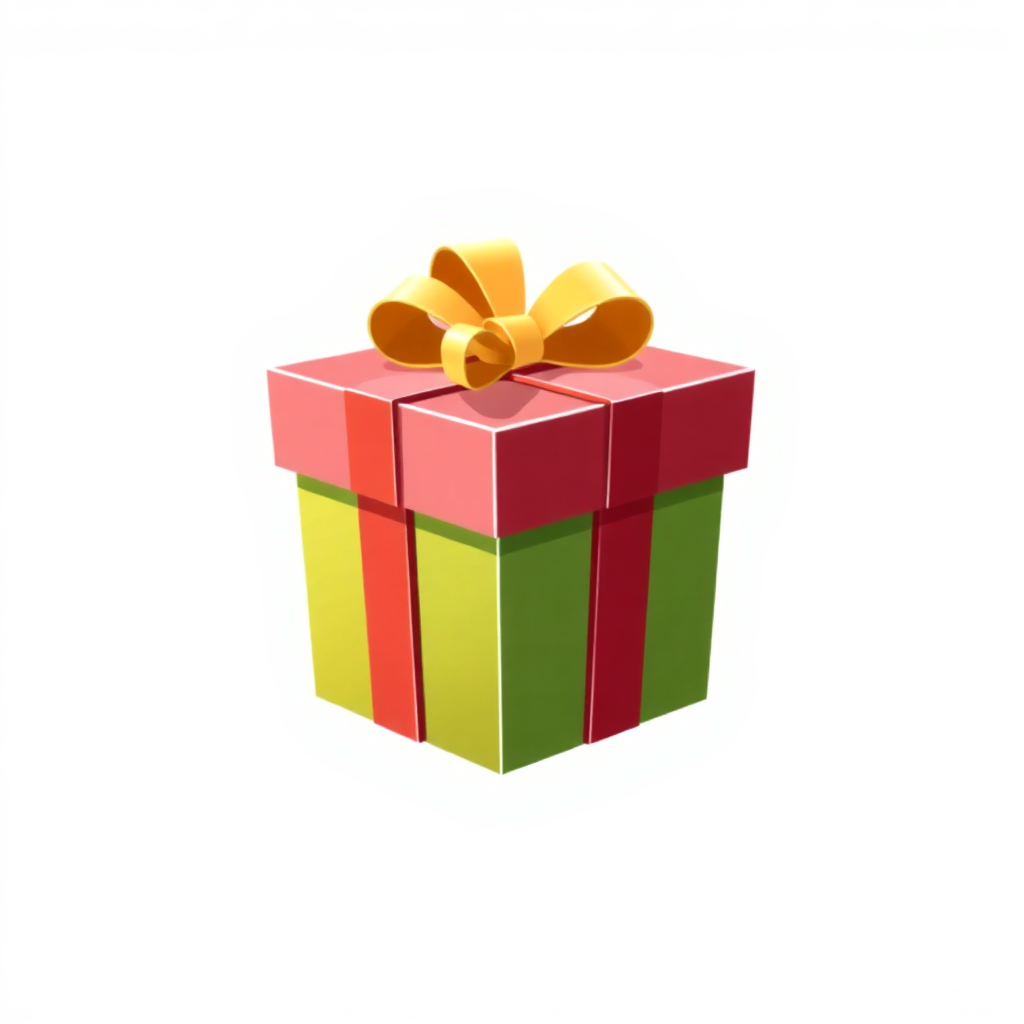 The image is a 3D illustration of a gift box. The box is rectangular in shape and has a red top with a yellow ribbon tied in a bow on top. The sides of the box are made up of three vertical stripes of different colors - red, green, and yellow. The stripes are arranged in a diagonal pattern, with the red stripe on the top and the green stripe in the middle. The gift box appears to be empty and is standing upright on a white background.