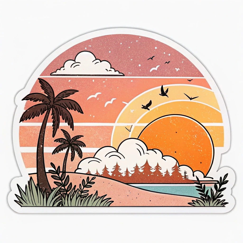 The image is an illustration of a tropical sunset. The background is a gradient of orange, pink, and yellow, with the sun setting in the top right corner. The sky is filled with white clouds and there are a few birds flying in the sky. In the foreground, there are two palm trees and a small island with palm trees. The island is surrounded by a body of water and there is a small wave crashing against the shore. The overall style of the illustration is flat and cartoon-like.