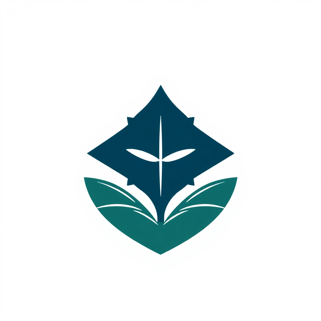 The image is a logo or icon in the shape of a diamond. The diamond is in the center of the image and is a dark blue color. It is surrounded by two green leaves, which are also in the same shade of blue. The leaves are arranged in a symmetrical pattern around the diamond, creating a sense of balance and symmetry. The overall design is simple and minimalistic, with a clean and modern look.