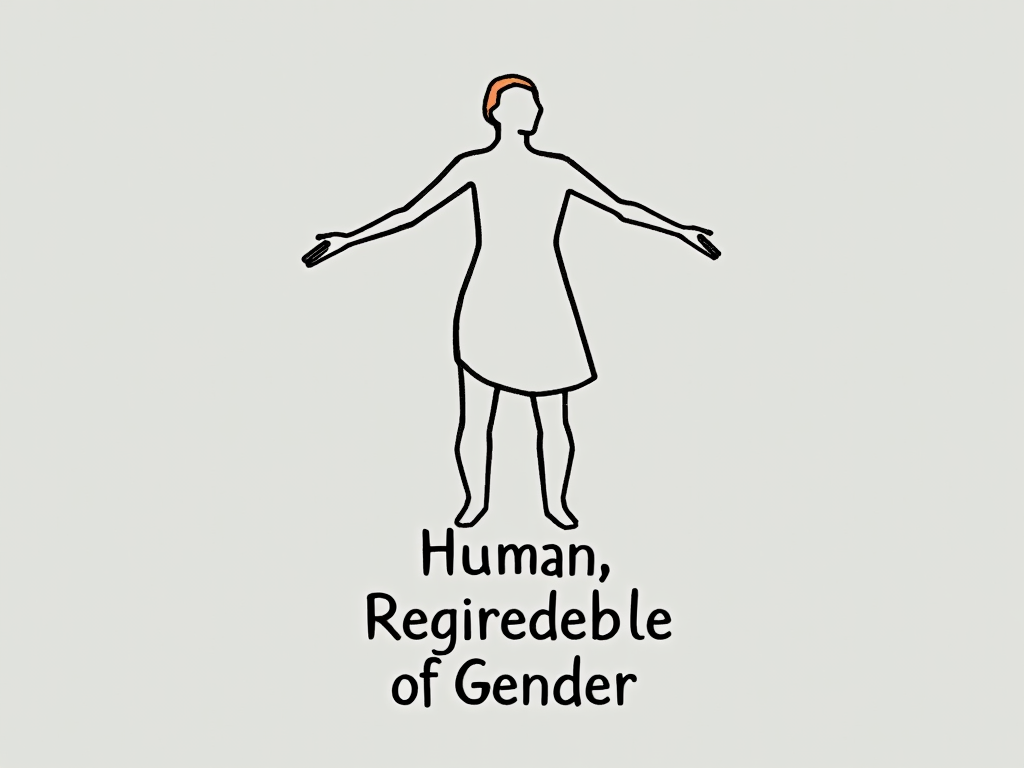 Abstract Human Form Icon & Text: A minimalist, gender-neutral human figure (e.g., a stylized outline, a continuous line drawing, or a simplified silhouette with open arms) as a central icon. The phrase 'Human, Regardless of Gender' is positioned clearly beneath or subtly integrated around the figure. This icon symbolizes universal humanity.