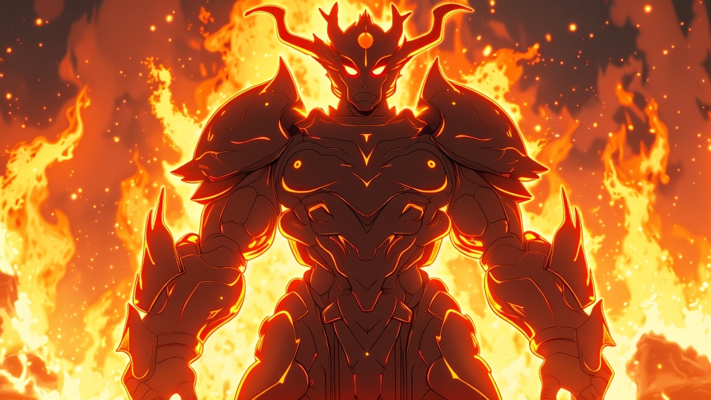 The imposing figure of the Firelord, with a backdrop of blazing flames, representing the fierce antagonist both in power and resolve.