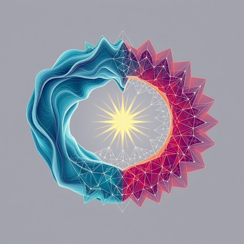 Sub-Design 2 (Converging Streams): Two abstract streams, one wavy and organic (mind) and one angular and digital (machine), converging into a central point. From this convergence, new, complex generative patterns (e.g., fractals, evolving geometric art) emanate, symbolizing AI-driven creation.