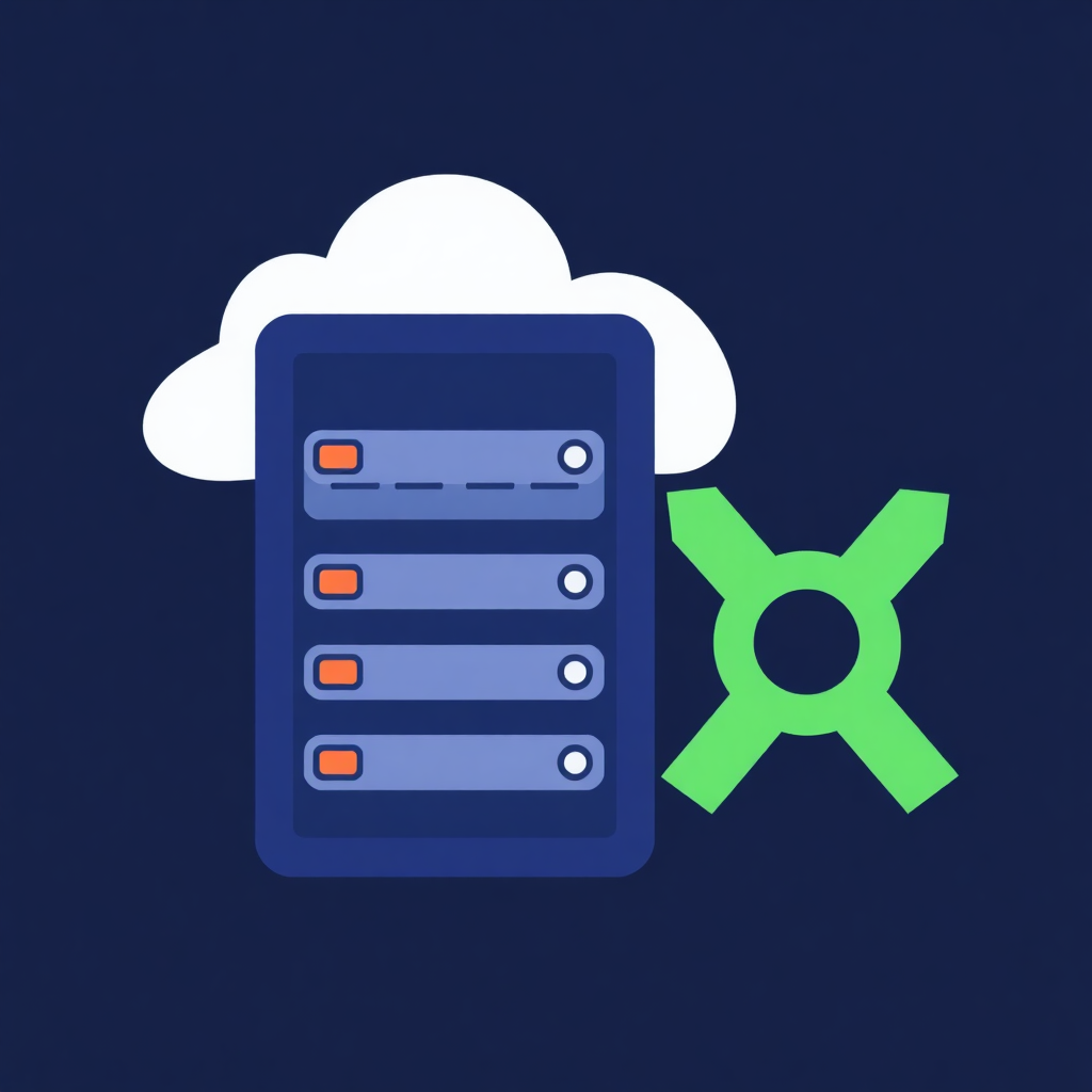 The image is a graphic illustration of a cloud computing device with a green X symbol on the right side. The cloud is white and has a rectangular shape with a blue background. On the left side of the cloud, there is a blue icon of a server with multiple rows of orange icons. The icons are arranged in a grid-like pattern. The overall design is simple and minimalistic.