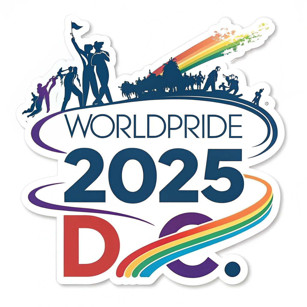 Simple Logo (for sticker) Idea: The text 'WorldPride 2025 D.C.' in a modern, readable font. A dynamic silhouette element, such as a flowing line of diverse figures or an abstract representation of a pride wave, is integrated into or sweeps around the text, ensuring clarity and impact as a sticker.