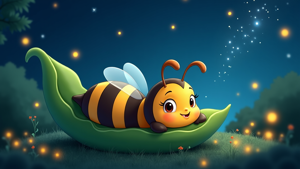 A cartoon bee lying on a leaf bed, under a starry night sky, gazing dreamily at the twinkling constellations above.