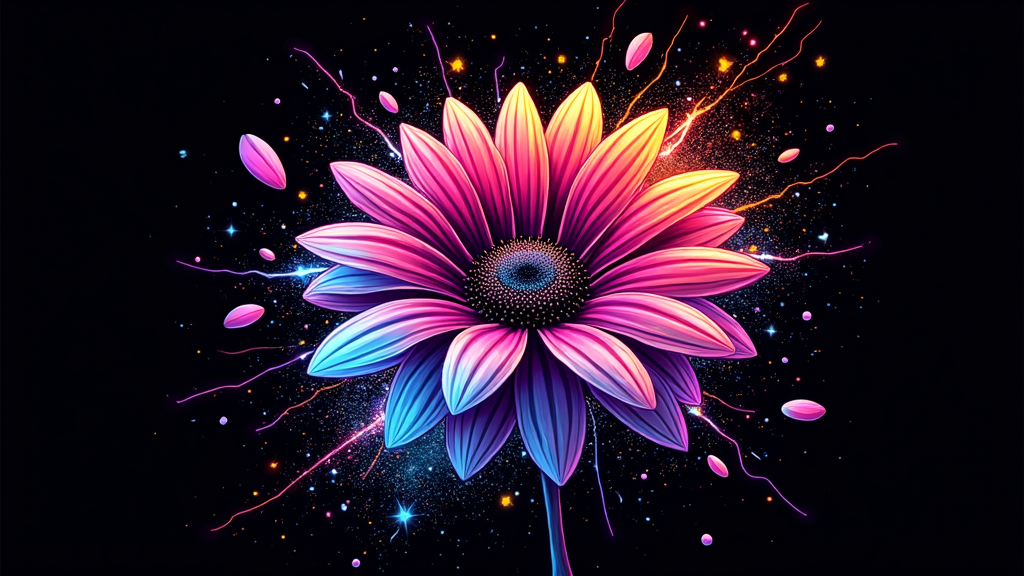 Exploding Daisy Fragments: A dynamic composition showing a neon daisy exploding into luminous fragments and energy trails. The fragments would be sharp and varied in size, creating a sense of motion and energy. The color palette would be high-contrast neon on black. Festival name could be shattered amongst fragments.