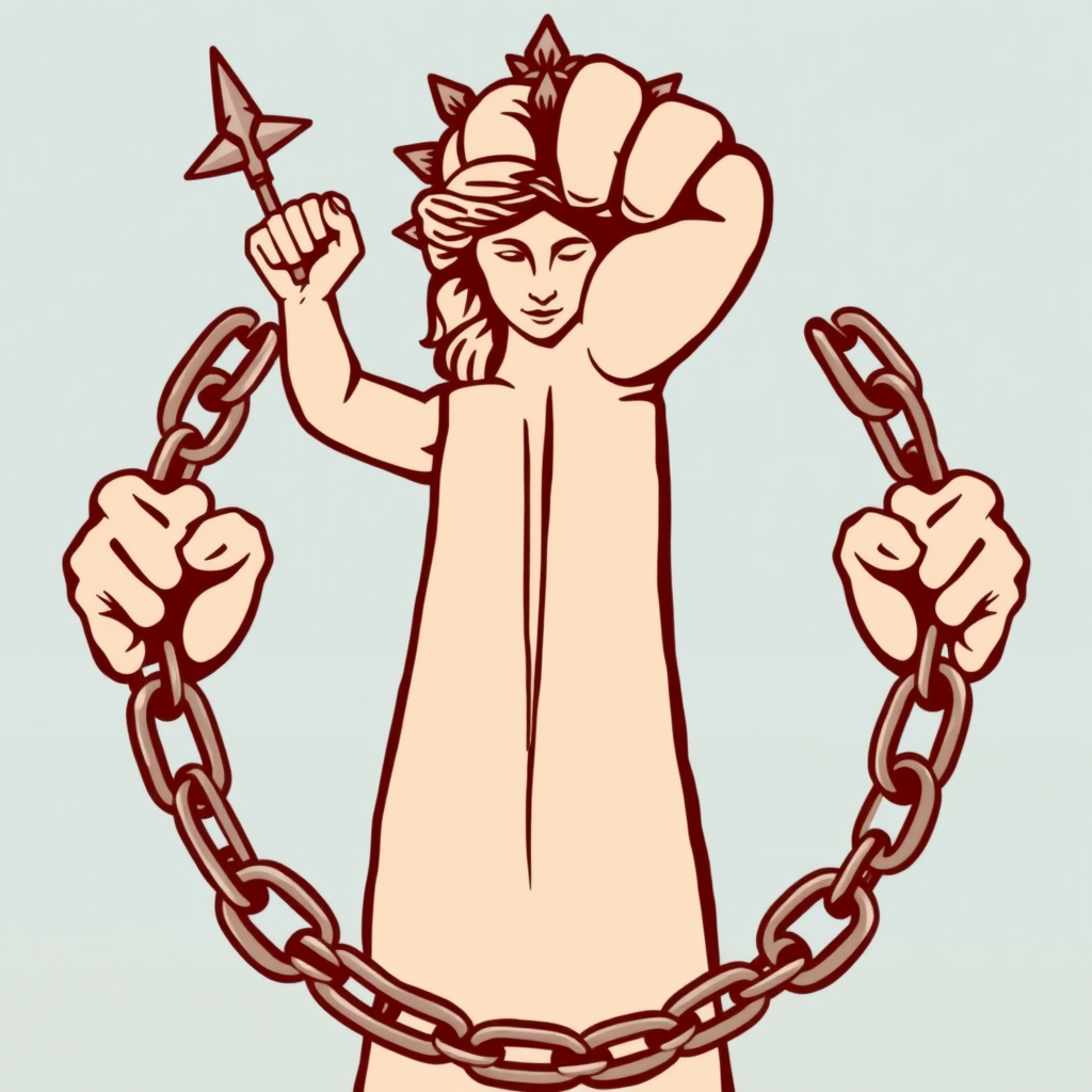 A fist holding a Venus symbol breaking through chains.