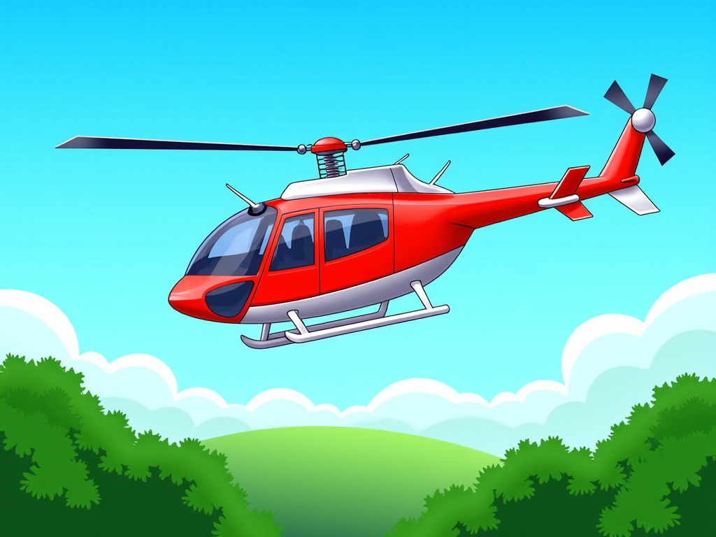 The image is a digital illustration of a red helicopter flying over a green landscape. The helicopter is in the center of the image, with its body facing towards the right side of the frame. It has a pointed nose and two propellers on either side. The body of the helicopter is painted in a bright red color, with a white stripe running along the side. It appears to be in mid-flight, with the rotor blades pointing upwards. The background is a clear blue sky with white clouds. The landscape below is a lush green hillside with trees and bushes. The overall color scheme of the illustration is bright and vibrant, with shades of green, blue, and yellow.