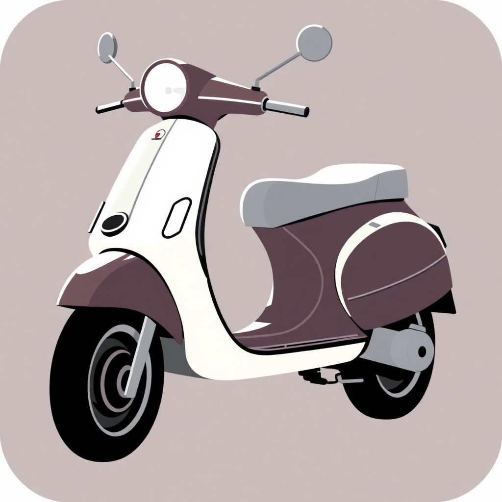 The image is a digital illustration of a scooter. The scooter is in a light pink color with a white body and a maroon seat. It has a round headlight and two side mirrors on either side of the handlebars. The front wheel is black with a silver hubcap. The handlebars are curved and the scooter appears to be in motion. The background is a light beige color.