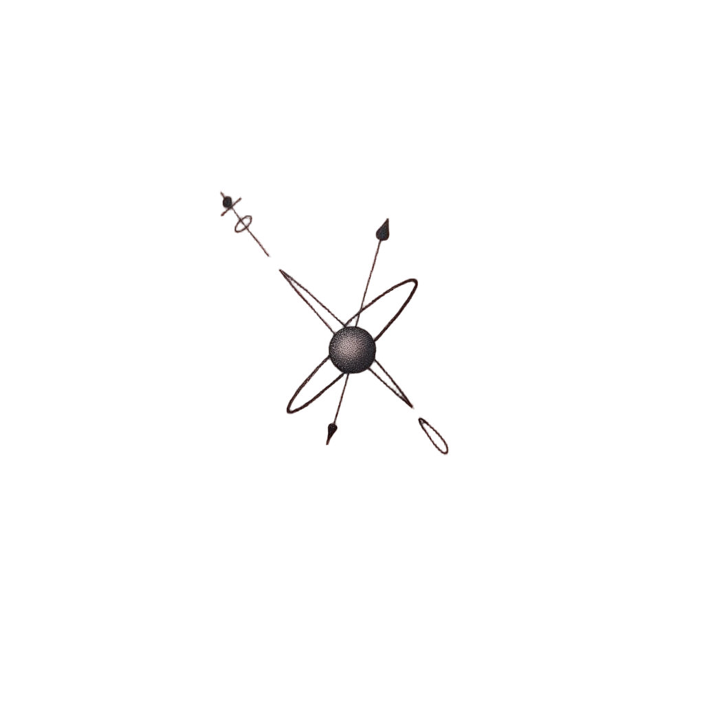 Iconic Vertex Tattoo: A small, symbolic tattoo design centering on a single, highly stylized Feynman vertex (e.g., an electron emitting a photon). This would be a compact mark, perhaps an abstracted 'Y' or 'X' shape made with distinct line styles for different particles, easily placed and recognizable.