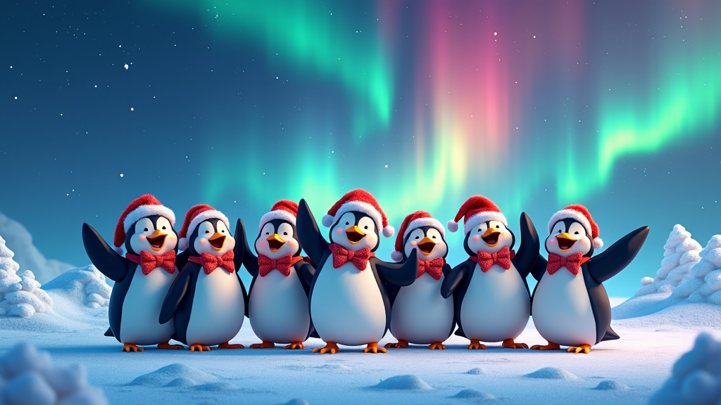 A joyful cartoon choir of penguins, all wearing bow ties and Santa hats, singing Christmas carols on an icy landscape. An aurora borealis lights up the sky with beautiful colors, adding to the enchantment of the snowy backdrop.