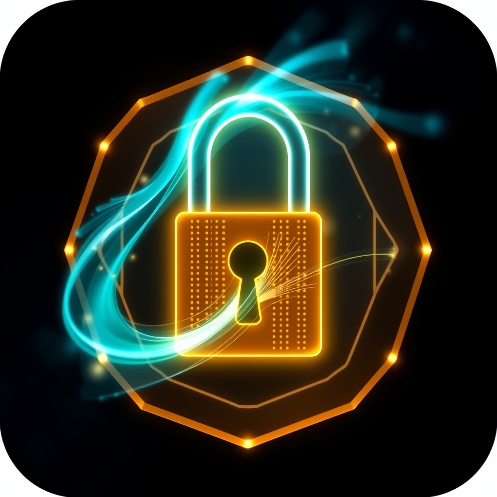 Abstract Data Stream Lock: A stylized keyhole where streams of light or abstract data particles are flowing into or being scanned. The 'lock' is depicted as a secure, glowing containment field or a hexagonal grid structure encasing the keyhole and data flow.