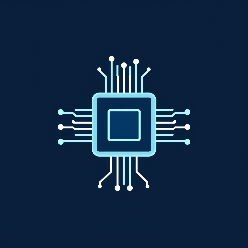 An abstract icon representing AI processing hardware, visualizing data streams as flowing lines entering and exiting a central, simplified microchip shape.