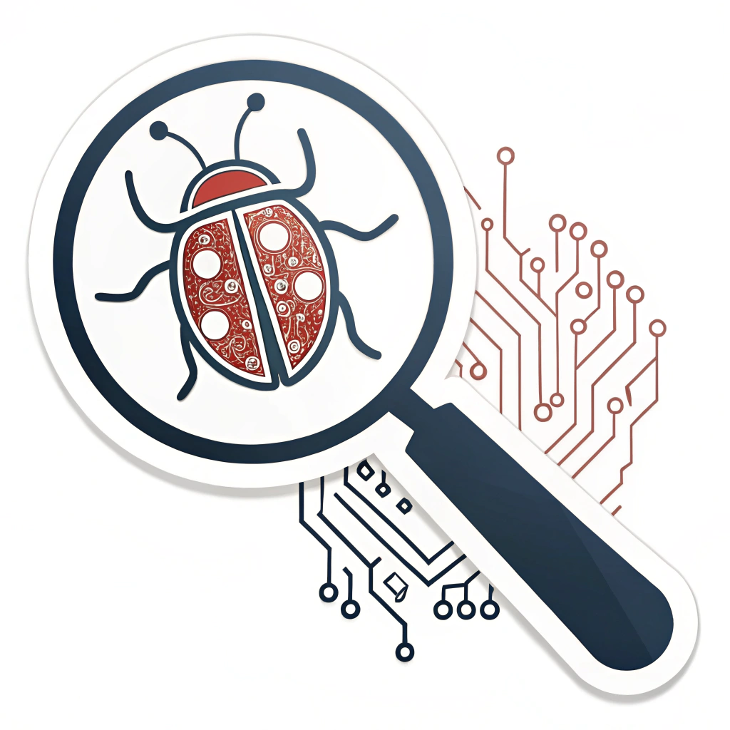 Simple Icon Idea: A minimalist icon combining a magnifying glass silhouette with a stylized digital bug (e.g., a beetle with circuit patterns on its shell) positioned within or slightly overlaid by the lens of the glass.