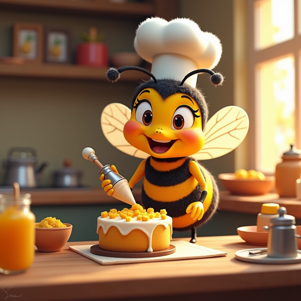 A cartoon bee in a chef's hat, joyfully decorating a tiny honey cake with delicate icing, standing in a miniature kitchen.