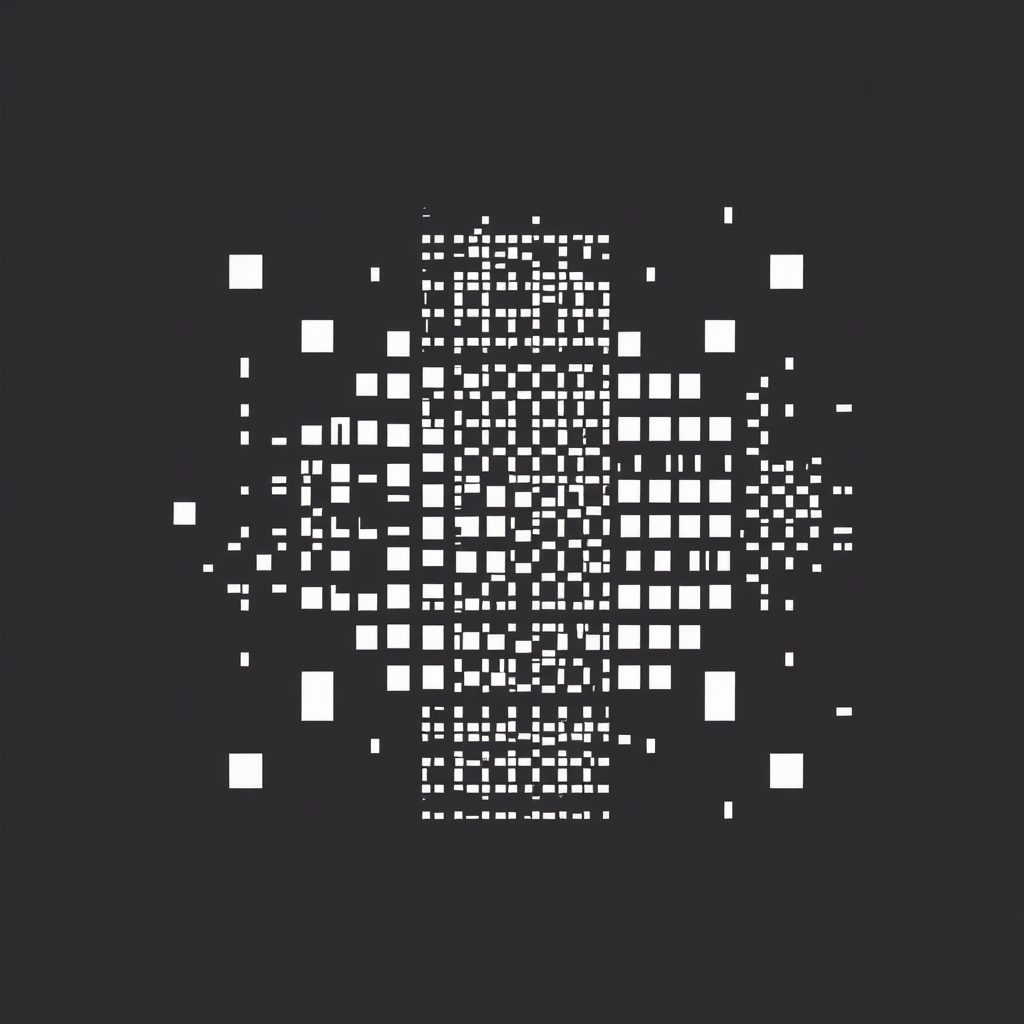 Start with a few basic pixel squares. These pixels then rearrange, multiply, and refine their positions to gradually form a more detailed and complex abstract image or a recognizable, yet stylized, pattern representing emergent visual generation.