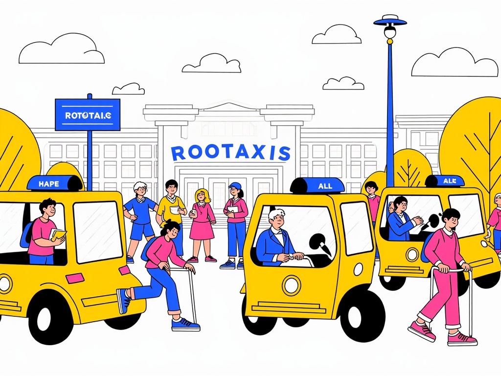 A community-centric scene where robotaxis are shown integrating into various aspects of daily life, enabling people with diverse needs to access education, healthcare, social events, and employment opportunities, emphasizing the slogan 'Robotaxis for All'.