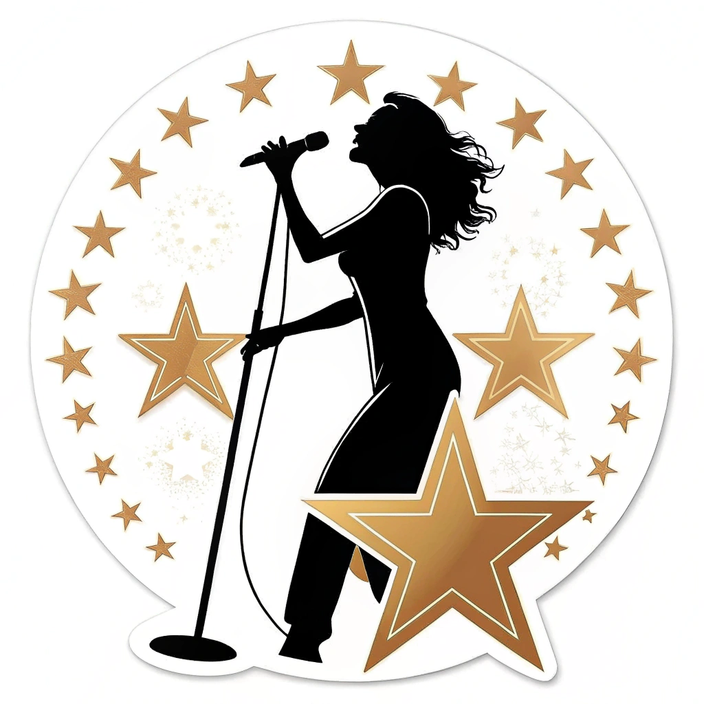 Create a sticker featuring a silhouette of a singer holding a microphone with stars surrounding them, symbolizing the Eurovision stage.