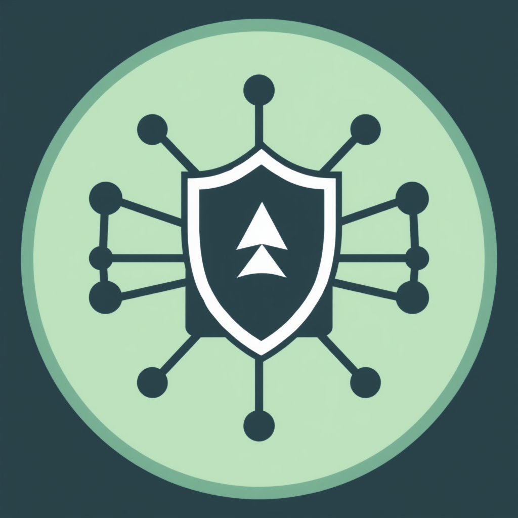 Shielded Node: A central node (e.g., circle, server icon) with a distinct shield emblem directly overlaying or closely associating with it, symbolizing defense against threats.