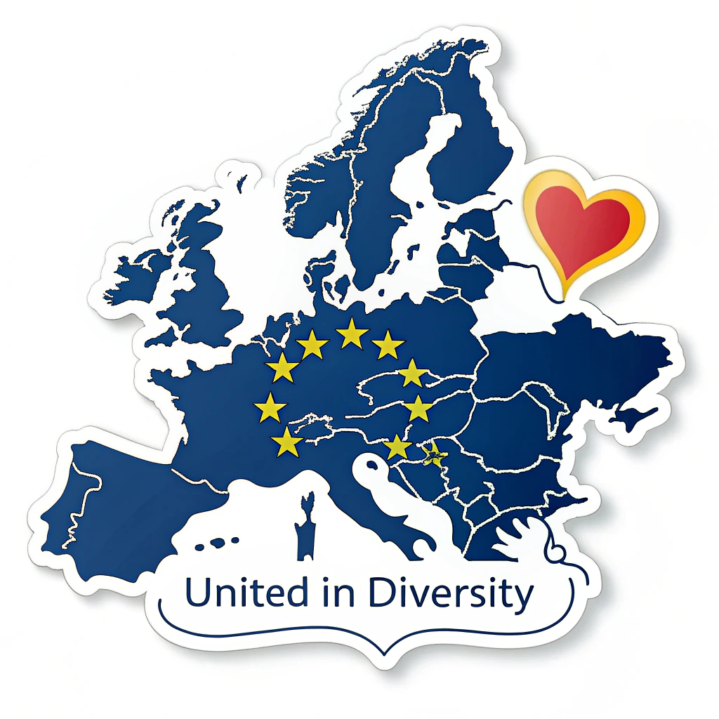 A sticker showing the outline of Europe filled with the EU flag colors, with a heart symbol subtly placed and the slogan included.