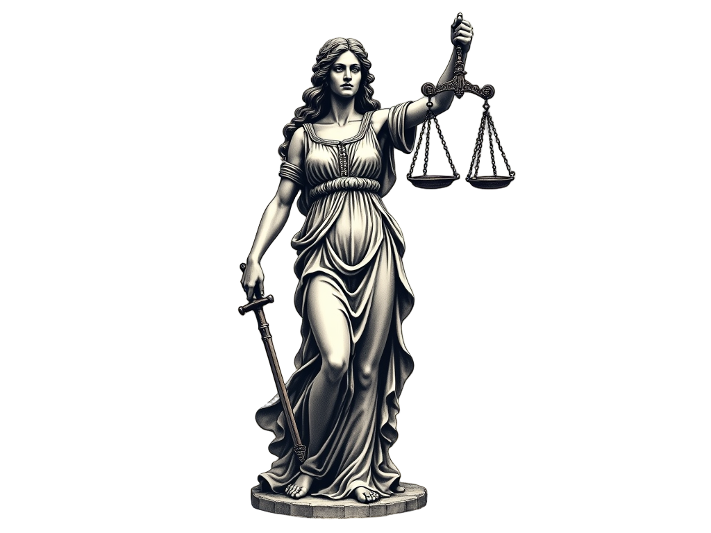 The Lady Justice tattoo elegantly depicts her holding the scales, symbolizing fairness, in her left hand.