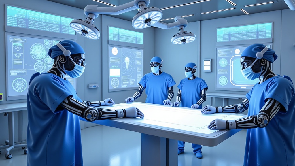 Macro View of the OR of Tomorrow: A wide shot of a futuristic, minimalist operating room where robotic arms are the primary actors. Large, transparent screens or holographic projections display complex AI-driven data and precision guides around the surgical field.