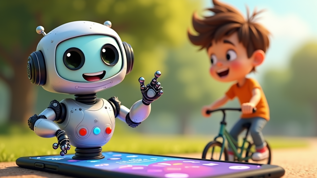The Friendly Digital Guide: A cartoon scene where a minor attempts to access a restricted feature on a social media app. A friendly, animated character (e.g., a helpful robot, a wise animal) pops up on the screen, gently explaining the restriction and suggesting an alternative real-world activity. The next panel could show the minor happily pursuing that offline activity.