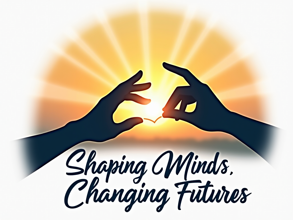 A silhouette of a teacher's hand gently guiding a smaller hand that is drawing a path towards a bright horizon. The text 'Shaping Minds, Changing Futures' is elegantly placed beneath.