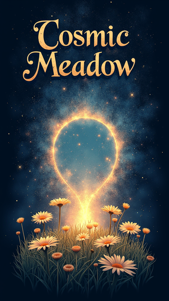 A T-shirt design featuring a large, glowing, ethereal portal as the central graphic on a dark background. Subtle geometric daisy patterns swirl within the portal's energy, and the text 'Cosmic Meadow' is written in a mystical font above or below it.
