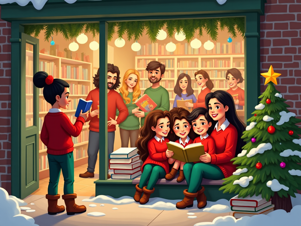 A cozy cartoon bookstore with a large window display featuring stacks of holiday-themed books and a small Christmas tree adorned with bookmarks. Inside, animated customers browse shelves, while a family in matching sweaters reads a classic holiday tale in a reading nook.