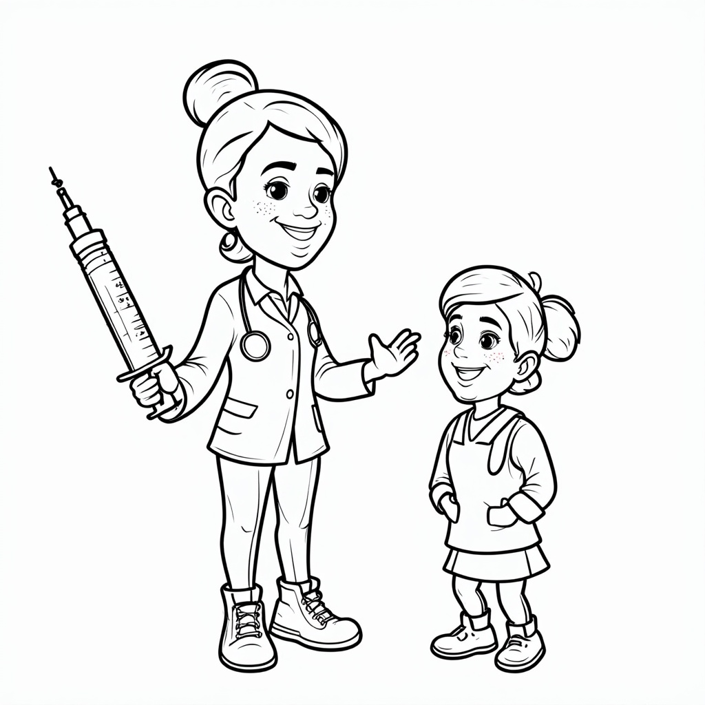 Coloring Page 2: 'The Brave Visit & The Magic Potion'. Depict a friendly doctor or nurse with a syringe (can be stylized as a 'magic shield-maker' tool). The child is looking brave or curious. Caption idea: 'A special visit helps our body get ready to fight!'
