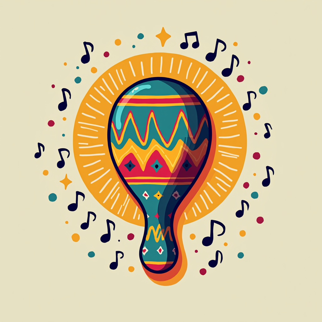 Simple icon idea: A single, brightly colored maraca icon adorned with simple geometric patterns and small musical notes emanating from it, symbolizing fiesta music and celebration.