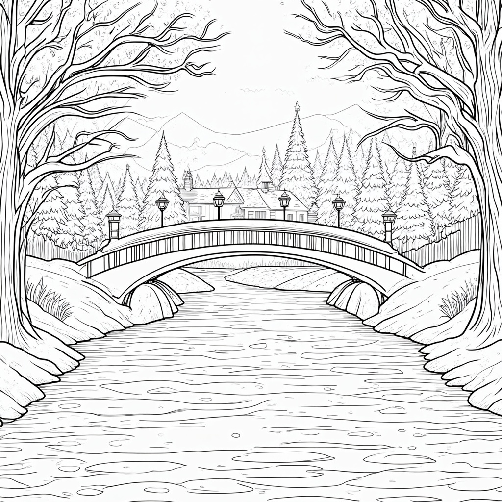 A magical snow-covered bridge arching over a frozen river. Lanterns along the bridge cast a soft glow, leading the way to a small, illuminated village nestled among the trees. The scene is serene and silent, save for the crunch of snow underfoot.